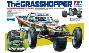 Tamiya 47522 Grasshopper Black Edition 1/10 scale RC buggy kit with black body, yellow wheels, and beginner-friendly 2WD chassis