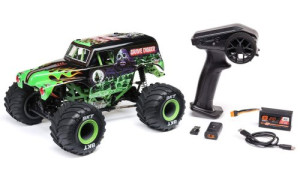 Losi Mini LMT Grave Digger 1/18 scale RTR monster truck with LED lights, aluminum chassis, Smart LiPo battery, and charger included