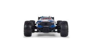 Front view of Arrma 1/16 Mini Kraton 3S DSC 4X4 RTR with blue and black bodywork, rugged off-road tyres, red accents and Arrma front bumper branding