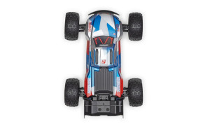 Top view of Arrma 1/16 Mini Kraton 3S DSC 4X4 RTR showing red, blue and white body graphics, large treaded tyres and 3S and Arrma branding