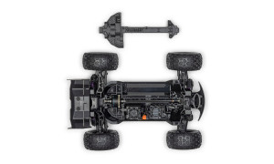 Chassis view of Arrma 1/16 Mini Kraton 3S DSC 4X4 RTR showing suspension arms, shock absorbers, drivetrain layout, central motor and electronics with separate Arrma chassis brace