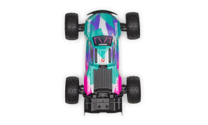 Top view of Arrma 1/16 Mini Kraton 3S DSC 4X4 RTR showing teal, pink and white graphics, large treaded tyres and 3S and Arrma markings