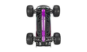 Chassis view of Arrma 1/16 Mini Kraton 3S DSC 4X4 RTR in teal and pink variant showing suspension arms, rugged tyres, purple centre brace and Arrma side guards