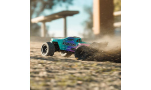 Arrma 1/16 Mini Kraton 3S DSC 4X4 RTR brushless speed truck in teal and pink livery sliding on gravel with dust cloud and large off-road tyres