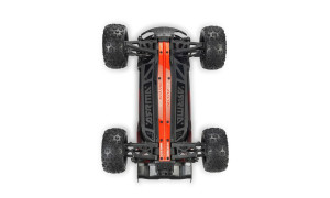 Chassis view of Arrma 1/16 Mini Kraton 3S DSC 4X4 RTR in black and red variant showing suspension arms, rugged tyres, reinforced chassis plate and Arrma and Kraton branding