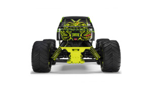 Rear view of ARRMA Gorgon RC truck with “SNAKES ALIVE” decal, coiled suspension, and stylized branding