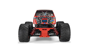 Front view of ARRMA Gorgon RC monster truck with red coil-over shocks, snake graphics, and sponsor decals