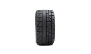 Front-facing view of Pro-Line Racing Menace street tire mounted on 12mm Black Split Six wheel showing directional tread pattern for high-grip street performance