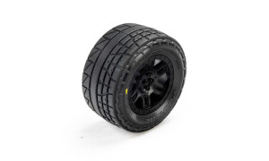Pro-Line Racing Menace front/rear street tire mounted on 12mm Black Split Six wheel showing staggered tread pattern, Pro-Line sidewall branding and rugged off-road profile