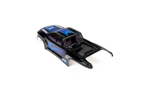 Pro-Line Racing 1/16 Pre-Cut Brute Black Body variant with muscle-car styling, black and blue graphics, roof scoop and tinted windows for Arrma Mini Kraton