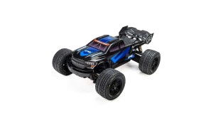 Pro-Line Racing 1/16 Pre-Cut Brute Black Body fitted to Arrma Mini Kraton showing black and blue livery, rugged off-road tyres and detailed front grille