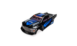 Pro-Line Racing 1/16 Pre-Cut Brute Black Body for Arrma Mini Kraton showing black and blue graphics, Pro-Line and Arrma branding, simulated headlights and tinted windows