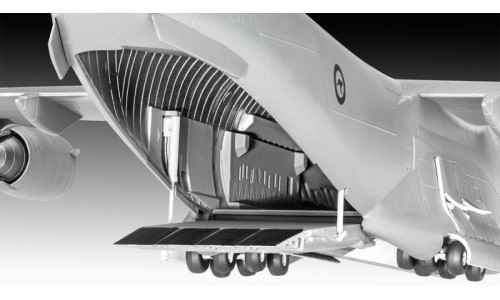 Revell Boeing C-17A Globemaster III 1/144 03747 showcasing detailed fuselage features, transport aircraft configuration and authentic