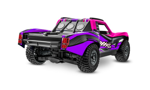 Mini Slash RC truck – pink body, waterproof electronics, and extended chassis for stable handling
