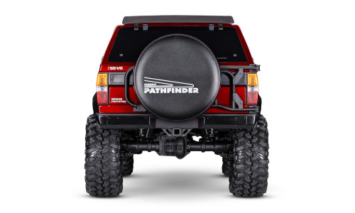 Traxxas 1/10 TRX-4 Nissan Pathfinder Red Edition RC crawler featuring realistic suspension and rugged trim