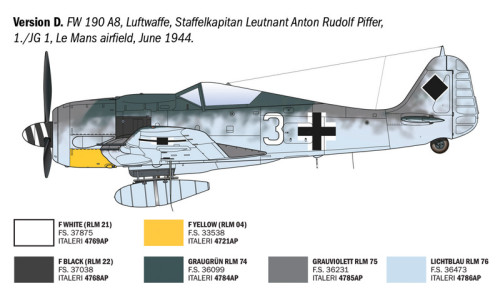 Italeri 1490 FW 190 A-7/A8 ACES featuring realistic surface textures, detailed armament and classic German fighter aircraft design