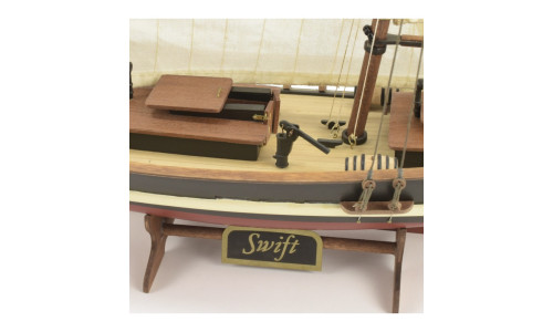 Artesania Latina 22110 Swift U.S. Pilot Boat model kit in 1/50 scale showcasing detailed deck fittings and traditional construction