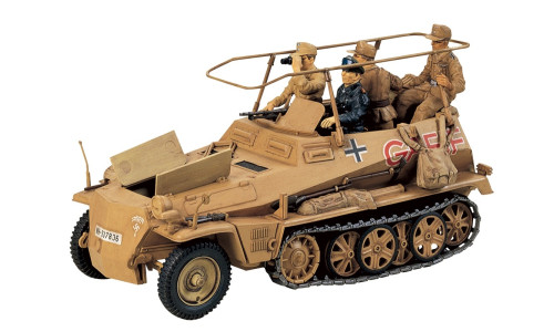 Tamiya 1/35 German Sd.Kfz. 250/3 Greif half-track model in desert camouflage with five crew figures, radio equipment, mounted machine gun, and detailed stowage