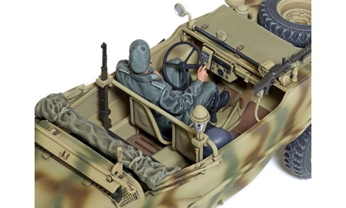 Tamiya 35393 Schwimmwagen Type 166 showcasing detailed interior, suspension components and amphibious design features