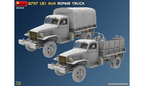 MiniArt 35494 G7117 1.5T 4x4 repair vehicle showcasing detailed cab, tool storage and accurate 1/35 proportions