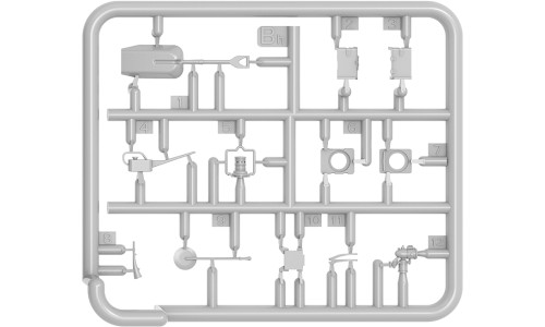 MiniArt 35572 railway tools set showcasing detailed hand tools, storage items and accurate 1/35 scale proportions