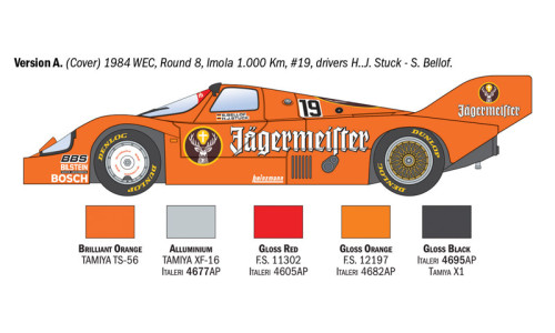 Italeri Porsche 956 Jägermeister 1/24 3678 showcasing classic Group C race car design, detailed exterior features and motorsport heritage