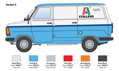 Italeri 1/24 Ford Transit model kit 3975 offering clean assembly, refined body contours and display-ready presentation