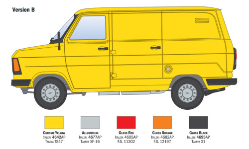 Italeri 3975 Ford Transit "Italeri" featuring detailed cabin components, realistic vehicle proportions and premium scale realism