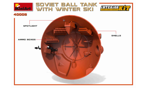 MiniArt 40008 Soviet Ball Tank kit showcasing winter ski gear, interior detail and accurate 1/35 scale proportions