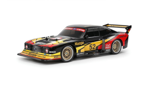 Tamiya 47526 1/10 RC 1978 Ford Zakspeed Capri Turbo TT-02 featuring detailed racing body and classic livery