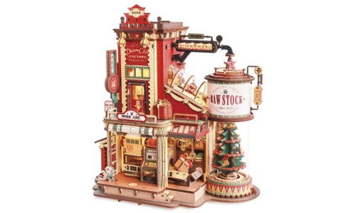 ROKR EAB01 Christmas Dream Gift Factory wooden music box with animated gift conveyor, lights, gears, and festive packaging