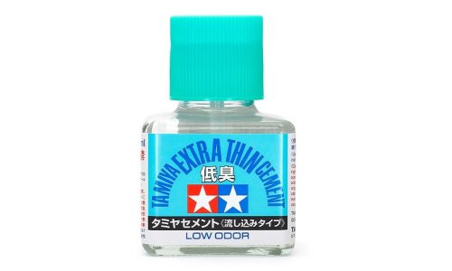 Tamiya 87236 Extra Thin Cement Low Odor bottle with ultra-fine brush applicator for plastic model assembly and tight joint bonding