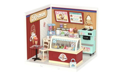 Rolife DW018B Flavorful Ice Cream DIY miniature house with soft serve machine, toppings counter, pastel walls, and menu board