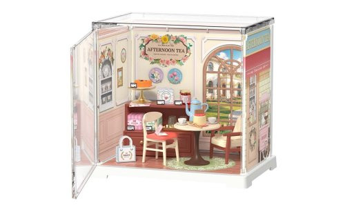 Rolife DWS02B Honey Tea Lounge DIY miniature house with tea set, chiffon cake, sunny windows, and cushioned seating