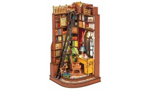 Rolife TGE02 Silent Corner Study DIY book nook with vintage tile flooring, glowing bookshelf, and cozy reading space
