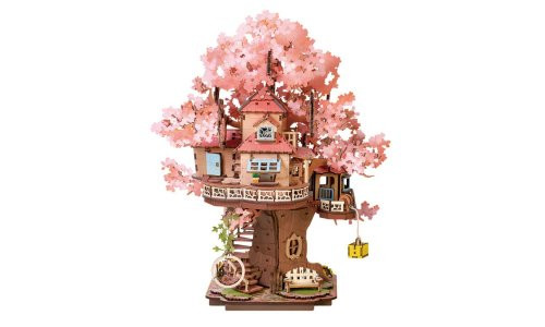 Rolife TGS04 Sakura Tree House 3D wooden puzzle with cherry blossoms, spiral staircase, swing, and wraparound balcony