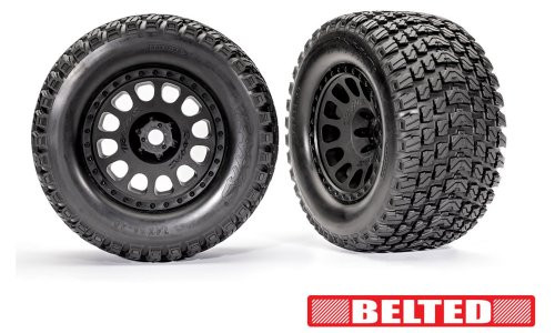 Traxxas 7862 XRT black wheels with belted Gravix race tires, pre-glued with foam inserts, left and right pair for high-speed RC racing