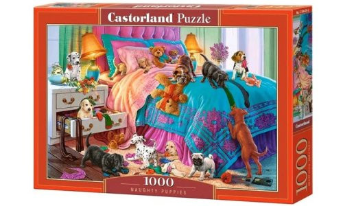 Castorland C-104475 Naughty Puppies 1000 piece jigsaw puzzle featuring mischievous dog artwork with smooth finish and precision-cut pieces