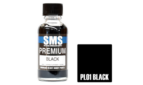 SMS PL01 Premium Black 30ml Lacquer Model Paint for airbrushing at MAS Hobbies Perth