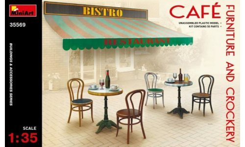 MiniArt 35569 1/35 scale plastic model cafe furniture and crockery diorama accessories at MAS Hobbies Perth