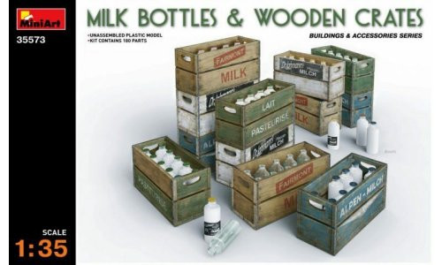 MiniArt 35573 1/35 scale plastic model milk bottles and wooden crates diorama accessories at MAS Hobbies Perth