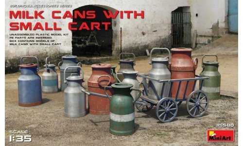 MiniArt 35580 1/35 scale plastic model village handcart and milk cans diorama accessory at MAS Hobbies Perth