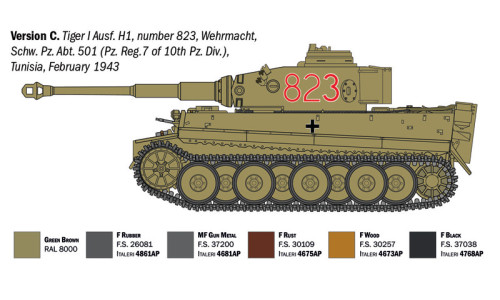 Italeri 6767 Tiger I Ausf. H (Tp) featuring detailed hull construction, accurate running gear and classic German tank design