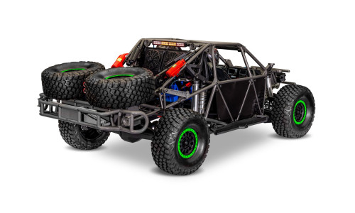 Traxxas 1/7 UDR Green Edition desert truck with detailed roll cage, suspension components and rugged bodywork