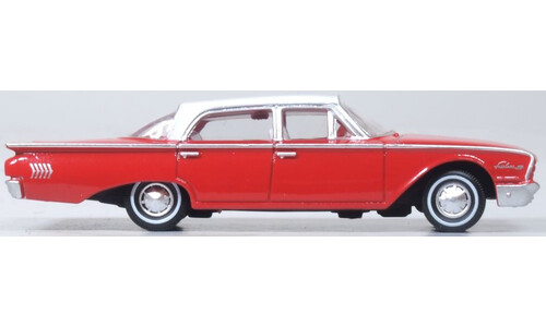 Oxford Diecast 87FF60001 1960 Ford Fairlane 500 Town Sedan Monte Carlo Red/Corinthian White Miniature Replica