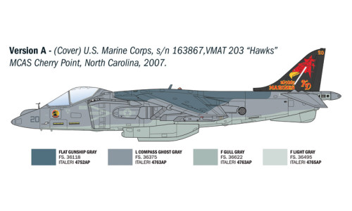 Italeri AV-8B Harrier II 1/72 90193 showcasing detailed airframe features, vectored-thrust aircraft styling and authentic military presentation