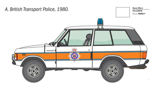 Italeri Range Rover Police 1/24 93661 showcasing detailed exterior features, realistic emergency equipment and modern SUV styling