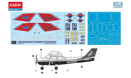 Academy 1/48 Cessna 172 Skyhawk Civil Air Patrol plastic model kit with detailed fuselage and wings