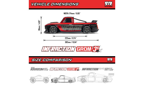 Arrma Infraction Grom 3S ARA2315T1 delivering rapid acceleration, compact RC fun and authentic street-performance character