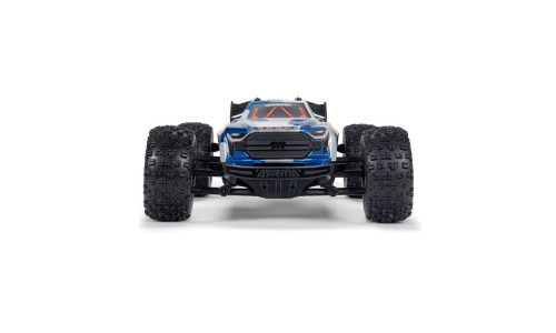 Front view of Arrma 1/16 Mini Kraton 3S DSC 4X4 RTR with blue and black bodywork, rugged off-road tyres, red accents and Arrma front bumper branding